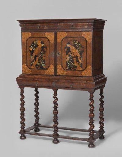 Cabinet on a Stand, Decorated with Marquetry, Featuring Two Parrots Facing Each Other on a Tree Stump on the Doors
