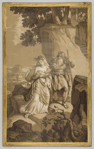 Wall panel with a scene from "Les Amours de Psyche": Psyche on a staircase carved into rocks, in grisaille tones