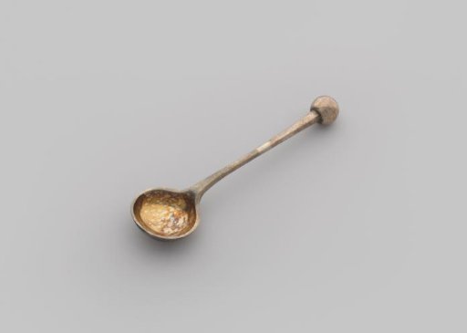 Salt spoon with a round bowl and round stem with a spherical finial