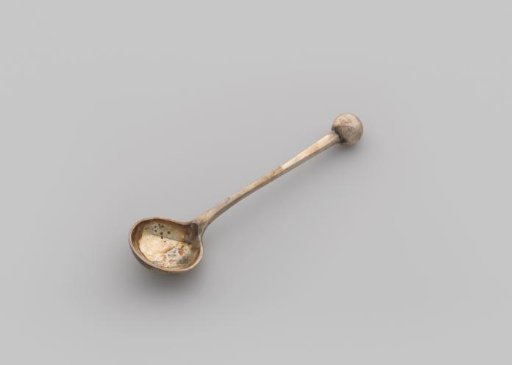 Salt spoon with a round bowl and round stem with a spherical finial