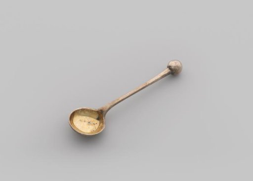 Salt spoon with a round bowl and round stem with a spherical finial
