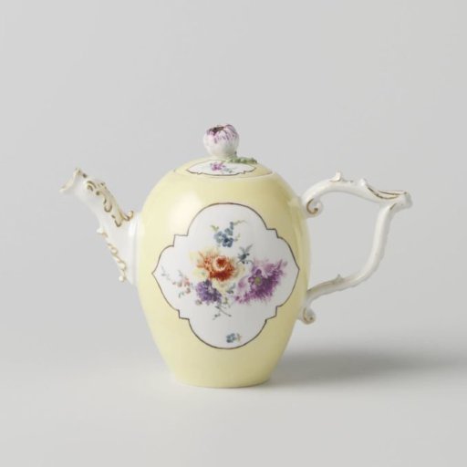 Teapot with lid, multicoloured painted with Deutsche Blumen in cut-out quatrefoils on a yellow ground
