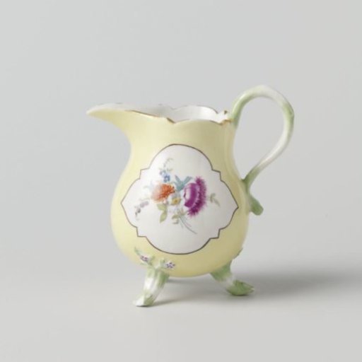 Milk jug, multicolored painted with Deutsche Blumen in cut-out quatrefoils on a yellow ground