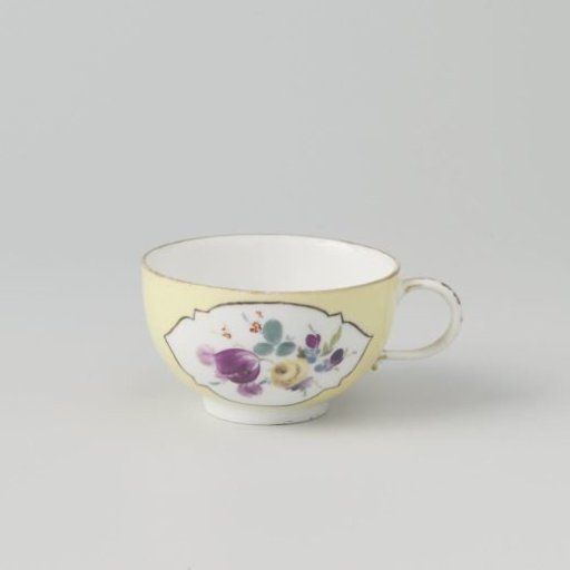 Head, polychrome painted with Deutsche Blumen in cut-out quatrefoils on a yellow ground
