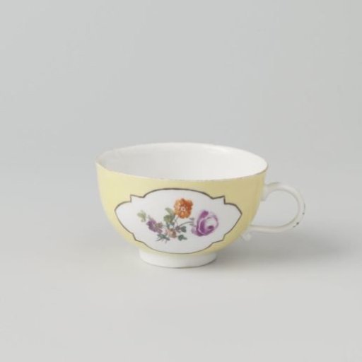 Head, polychrome painted with Deutsche Blumen in cut-out quatrefoils on a yellow ground