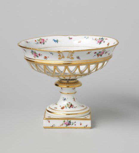 Dish on foot with bouquets and flower sprays