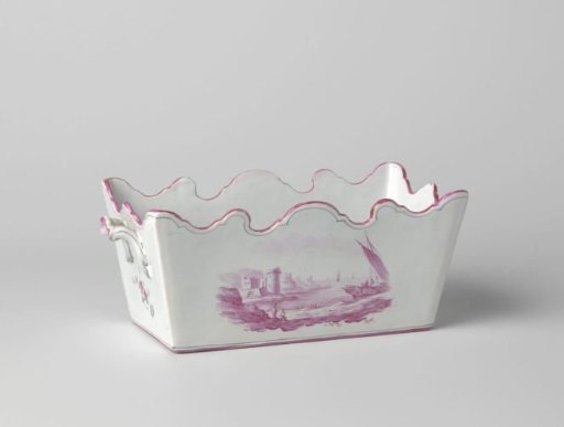 Jardinière with a projecting, carved upper rim, the sides painted in many colors with branches of flowers and a coastal landscape including sailing ships