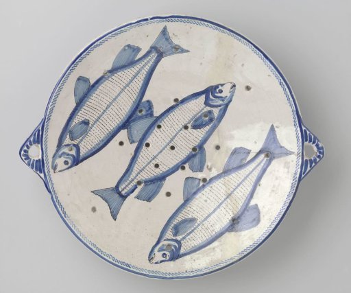 Strainer with two handles, painted with fish