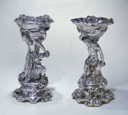 Two salt cellars with Cain and Abel, and the Sacrifice of Abraham