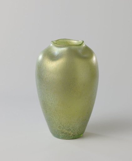 Vase with rolled green glass fragments and a gold iridescence