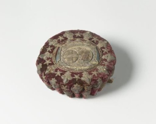 Playing card case of wine-red velvet, embroidered in gold and silver thread and multicoloured silk with an unidentified alliance coat of arms