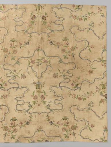Fragment of a covering of cream-colored taffeta with colored embroidery featuring whimsically winding ribbons with, among other things, palm trees and booths, branches and vines