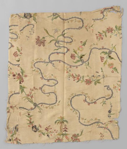 Fragment of a covering of cream-colored taffeta with colored embroidery featuring whimsically winding ribbons with, among other things, palm trees and booths, branches and vines
