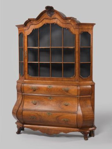 Porcelain cabinet with double-arched lower section with three drawers and upper section with door with twelve panes