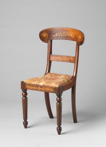 Mahogany chair decorated with ashwood marquetry; front rail and back splats feature stylized leaf and flower motifs, loose upholstered seat