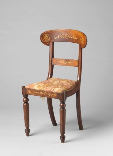 Mahogany chair decorated with ashwood marquetry; front rail and back splats feature stylized leaf and flower motifs