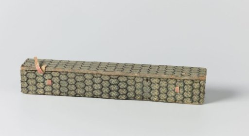 Fan case of thick paper with the outside covered in silk fabric with a honeycomb pattern in which swastikas are woven