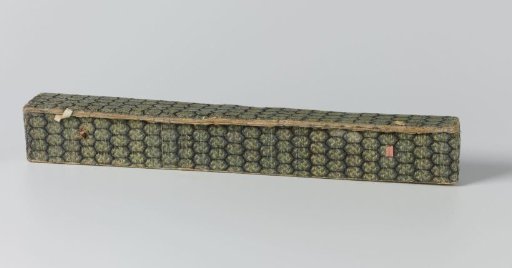 Fan case of thick paper covered with green silk with a honeycomb pattern containing swastikas, lined with red paper
