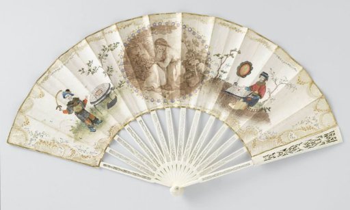 Folding fan with double leaf of paper, on which a round, cut-out stipple engraving depicting a seated woman surrounded by lovers, with a chinoiserie figurine wearing silk clothes on either side, on an openwork carved mount of bone