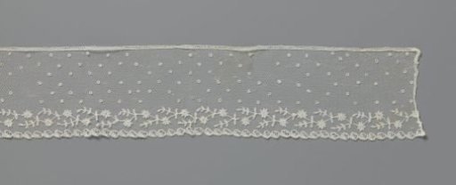 Strip of appliqué lace with rosette flowers on a horizontal leaf vine
