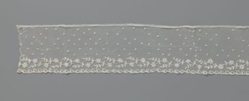 Strip of appliqué lace with rosette flowers on a recumbent leaf vine