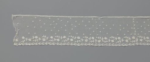 Strip of appliqué lace with rosette flowers on a recumbent leaf vine