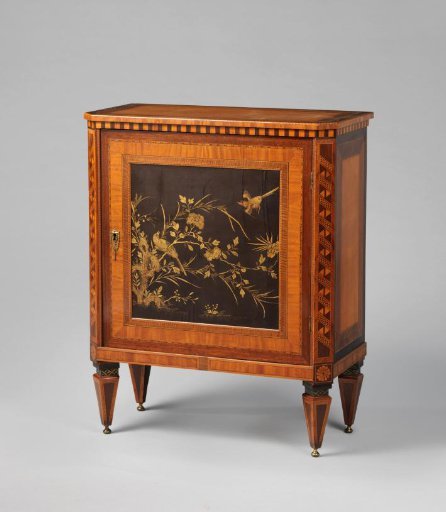 Cabinet with door featuring lacquer panel, gold lacquer on black ground, with birds, flowers and plants.