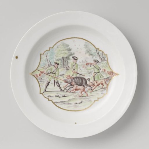 Plate, multicolored painted with a boar hunt