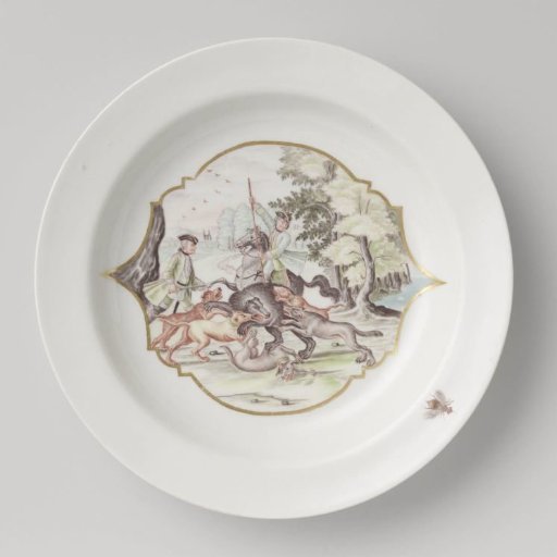 Plate, multicolored painted with a bear hunt