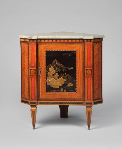 Corner cabinet with door of Japanese lacquer depicting a landscape with houses, people, trees and birds
