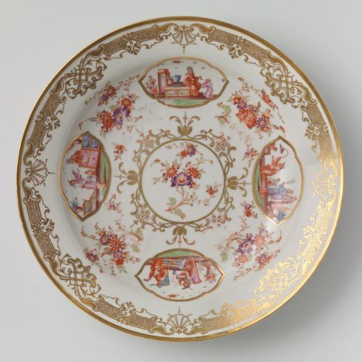Dish with Chinese scenes, flower sprays and ornamental borders