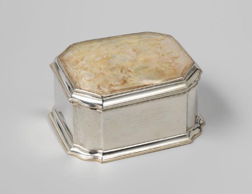 Silver Tobacco-Box with a Mother-of-Pearl Lid with Christ Appears Before the Personifications of the Parts of the World
