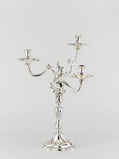 Silver candelabrum, with three branch-shaped, twisted arms and with twisted foot, stem and candleholder