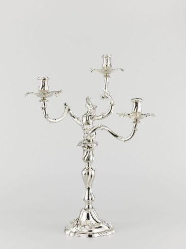 Silver candelabrum, with three branch-shaped, twisted arms and with twisted foot, stem and candleholder