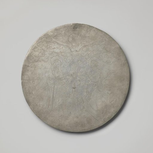 Tin cake plate with an engraved depiction of the Crucifixion