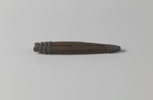 Case for a knife of wood and tin mountings with inscription