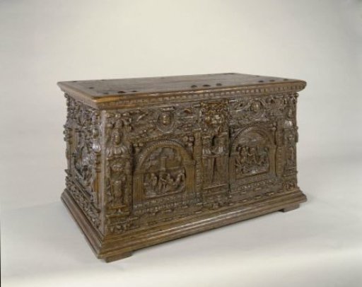 Bridal chest with punched decoration, including 'Samson tearing the lion'