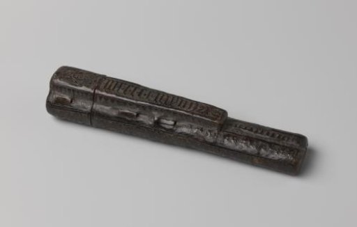 Casket of dark brown leather, with sliding lid and punched decoration of thistle vines and part of a year: 14.. On the lid a ship