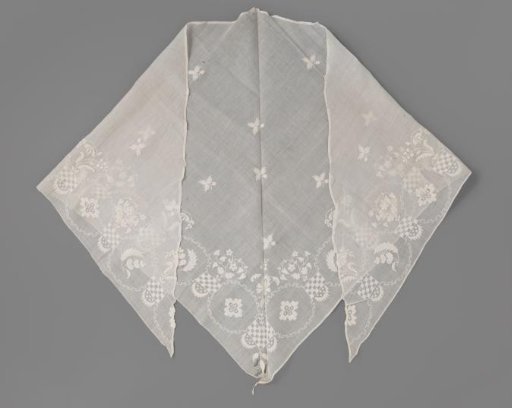 Fichu of linen batiste, triangular, embroidered with a floral and geometric border in white work