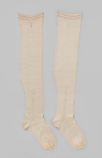 Stocking of light turquoise silk tricot with arrows on the seams and two knitted purple stripes at the top