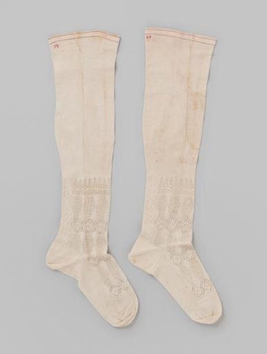White cotton stocking with openwork knitted and embroidered geometric decoration on the heel and instep