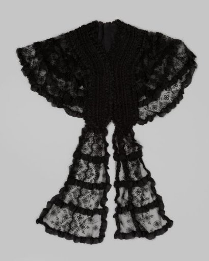 Pelerine (Shoulder Cape) with Tails, of Machine-Made Chantilly Lace Decorated with Ribbon and Passementerie