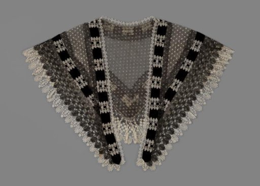 Fichu of Black and White Tulle, Trimmed with Chantilly Lace, Imitation Blonde Lace, and Black Velvet Ribbon