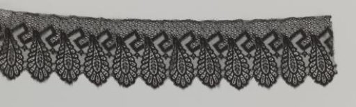 Strip of machine lace with hanging feather motifs and meander band