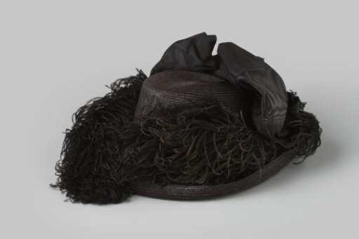 Hat of Black Straw, Decorated with Moiré Ribbon and Ostrich Feathers