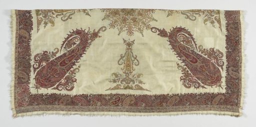 Square shawl of cream-coloured wool, embroidered with a floral motif in multicoloured wool