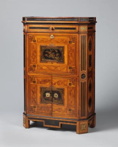 Writing desk with marquetry and lacquer panels