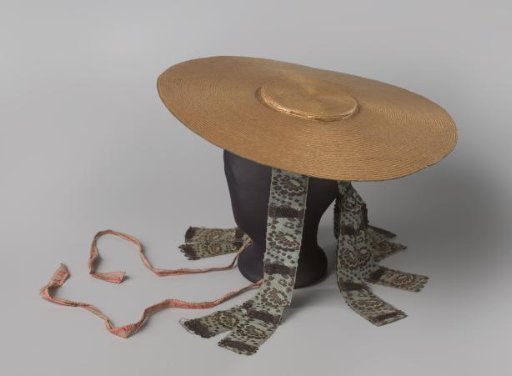 Sun hat, Walcheren costume (?), of straw, lined with satin, with six silk ribbons
