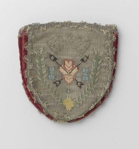 Purse in shield shape of red velvet and silver brocade, with a triple heart pierced by arrows on both sides
