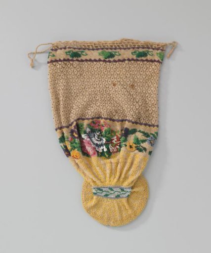 Reticule of knitted cotton decorated with multicoloured glass beads and fitted with metal rings to maintain the shape